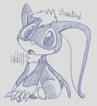  2020 akicanis alien blue_and_grey character_name claws dark_end_(stitch!) digital_drawing_(artwork) digital_media_(artwork) disney english_text experiment_(lilo_and_stitch) hair lilo_and_stitch long_ears looking_at_viewer open_mouth short_tail signature sitting sketch solo stitch! text 