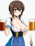  2girls alcohol beer beer_mug blood blush breasts brown_hair cleavage closed_mouth collarbone cup dirndl embarrassed eyebrows_visible_through_hair frills german_clothes girls_und_panzer itsumi_erika large_breasts looking_at_viewer mug multiple_girls nishizumi_maho no_bra nosebleed oktoberfest oosaka_kanagawa open_mouth shiny shiny_hair shiny_skin short_hair simple_background sweat upper_body white_background white_hair yuri 