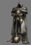  1other ambiguous_gender armor breastplate cape covered_face crown faulds full_body grey_background hands_on_hilt km_yama mace margot metal_boots official_art own_hands_together pauldrons shoulder_armor simple_background solo standing waist_cape watermark weapon white_cape 
