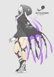  1girl bangs black_footwear full_body gloves gradient_hair grey_background grey_eyes highres hood hood_up mask mogumo mouth_mask multicolored_hair original profile purple_hair shoes short_shorts shorts simple_background solo standing white_hair white_shorts 