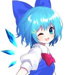  1girl blue_bow blue_dress blue_eyes blue_hair blush bow bowtie cirno commentary detached_wings dress from_side hair_bow highres ice ice_wings looking_at_viewer one_eye_closed open_mouth puffy_short_sleeves puffy_sleeves red_neckwear short_hair short_sleeves simple_background smile solo touhou upper_body white_background wings yuujin_(yuzinn333) 