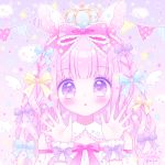  1girl :o animal_ears bangs bare_shoulders blue_bow blush bow braid bunny_ears commentary_request crown diagonal_stripes eyebrows_visible_through_hair frilled_bow frills hair_bow hands_up himetsuki_luna long_hair looking_at_viewer mini_crown original parted_lips pennant pink_bow pink_hair polka_dot purple_background purple_hair signature solo string string_of_fate striped upper_body vertical_stripes wrist_cuffs yellow_bow 