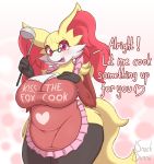  absurd_res anthro apron apron_only big_breasts blush breasts canid clothed clothing curvy_figure delphox dialogue english_text eyewear fangs female fur glasses hi_res holding_object inner_ear_fluff looking_at_viewer mammal mostly_nude multicolored_body multicolored_fur nintendo open_mouth pok&eacute;mon pok&eacute;mon_(species) red_eyes slightly_chubby snackbunnii solo talking_to_viewer text tuft video_games voluptuous 