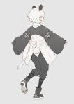  1girl animal_ears fingerless_gloves from_behind full_body gloves grey_eyes grey_footwear grey_pants leg_up long_sleeves mogumo open_mouth original panda_ears panda_girl panda_tail pants profile shoes short_hair smile solo standing white_hair wide_sleeves 