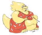  3_toes 4_fingers alphys anthro barefoot belly big_belly big_breasts bloopityart blush breasts buckteeth claws cleavage clothed clothing clothing_lift deep_navel dress dress_lift english_text eyewear female fingers front_view glasses lizard looking_at_self looking_down navel non-mammal_breasts obese obese_anthro obese_female onomatopoeia overweight overweight_anthro overweight_female partially_clothed polka_dots reptile scales scalie simple_background solo sound_effects standing teeth text thick_tail three-quarter_view toes undertale video_games wavy_mouth yellow_body yellow_scales 