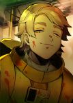  1boy among_us bangs blonde_hair blood closed_mouth face half-closed_eyes headwear_removed helmet helmet_removed impostor_(among_us) looking_at_viewer male_focus numbers_(boars) original short_hair smile smug solo spacesuit upper_body yellow_eyes 