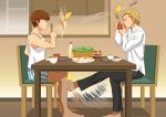  2boys amuro_ray blonde_hair breakfast brown_hair char&#039;s_counterattack char_aznable chopsticks closed_eyes eating egg fried_egg gundam kicking multiple_boys salad short_hair sitting sunny_side_up_egg 