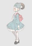  1girl animal_ears aqua_dress bangs dress full_body goat_ears goat_horns grey_background highres horns long_sleeves mogumo original pink_eyes profile red_backpack shoes short_hair simple_background solo standing white_hair white_legwear 