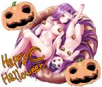  2girls breasts censored closed_mouth collar collarbone facial_mark fate/grand_order fate/stay_night fate_(series) flat_chest forehead_mark hair_intakes happy_halloween headband highres large_breasts long_hair lying medusa_(lancer)_(fate) multiple_girls navel noa_(nagareboshi) novelty_censor nude on_back open_mouth pumpkin purple_collar purple_eyes purple_hair rider smile very_long_hair 