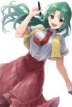  1girl :d bangs collared_shirt crayon dutch_angle floating_hair green_eyes green_hair high_ponytail highres higurashi_no_naku_koro_ni holding holding_crayon holding_marker long_hair looking_at_viewer marker necktie open_mouth parted_bangs pink_skirt pleated_skirt ponytail red_neckwear school_uniform shirt short_sleeves skirt smile solo sonozaki_mion teeth upper_teeth vest white_background white_shirt yellow_vest yoshiki1020 