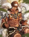  1boy abs bara bare_chest black_briefs brown_hair bulge chest dark_skin dark_skinned_male facial_hair goatee gozu_farm headband highres male_focus multicolored_hair muscle navel nipples o-ring o-ring_bottom pointy_ears revealing_clothes short_hair sideburns snake solo spiked_hair tangaroa tattoo thick_thighs thighs tokyo_houkago_summoners tooth_necklace tribal_tattoo two-tone_hair white_hair yellow_eyes 