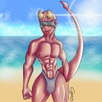  1:1 beach bikini_thong blindfold bodily_fluids bulge clothing demon demon_humanoid genital_outline hi_res horn humanoid male penis_outline red_body red_skin seaside slydollis solo sunny sweat sweaty_breasts swimwear thong tongue tongue_out translucent translucent_clothing underwear 