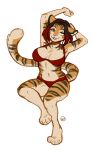  2020 anthro biped black_hair breasts clothing felid female fur green_eyes hair kaitycuddle mammal one_eye_closed pantherine panties pink_nose red_bra red_clothing red_panties red_underwear simple_background smile striped_body striped_fur stripes tiger underwear white_background 
