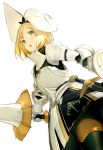  1girl armor armored_skirt black_bow black_hairband black_legwear blonde_hair bow bow_hairband breastplate chestnut_mouth gauntlets gorget green_eyes guard_of_the_ivory_tower_(km_yama) hair_bow hairband holding holding_lance holding_polearm holding_shield holding_weapon km_yama lance looking_at_viewer morion original pantyhose parted_lips pauldrons polearm shield short_hair shoulder_armor simple_background skirt solo upper_teeth weapon white_background 