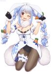  1girl ;d animal_ears arms_up bangs bare_shoulders black_gloves black_leotard blue_hair bow braid breasts bunny_ears carrot_hair_ornament commentary_request detached_sleeves don-chan_(usada_pekora) dress eyebrows_visible_through_hair food_themed_hair_ornament full_body fur-trimmed_dress fur-trimmed_gloves fur_trim gloves groin hair_bow hair_ornament highres holding_ears hololive kneeling leotard long_hair looking_at_viewer mizunashi_(second_run) multicolored_hair one_eye_closed open_mouth puffy_short_sleeves puffy_sleeves red_eyes shadow short_eyebrows short_sleeves small_breasts smile strapless strapless_dress strapless_leotard thick_eyebrows twin_braids twintails two-tone_hair upper_teeth usada_pekora very_long_hair virtual_youtuber white_background white_bow white_dress white_hair white_sleeves 