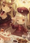 2girls absurdres alcohol bangs blunt_bangs chandelier checkerboard_cookie choker closed_mouth coffee coffee_mug cookie cup dress drinking_glass earrings eye_(okame_nin) fewer_digits food fork fur_trim hat highres holding holding_cup holding_fork horns iga_(okame_nin) jewelry long_sleeves looking_at_another looking_at_viewer looking_to_the_side mug multiple_girls necklace no_mouth okame_nin one_eye_closed original pointy_ears red_dress red_headwear scar sideways_glance spiked_horns strawberry_shortcake surgical_scar symbol_in_eye tablecloth teacup teapot wine wine_glass yellow_eyes 