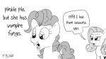  16:9 dialogue english_text equid equine fangs fluttershy_(mlp) friendship_is_magic hasbro horse mammal monochrome my_little_pony open_mouth open_smile pegasus pinkie_pie_(mlp) pony pony-berserker smile text widescreen wings 