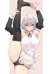  ahoge armpits bikini blush breasts fate/grand_order fate_(series) grey_hair highres jeanne_d&#039;arc_(alter)_(fate) jeanne_d&#039;arc_(fate)_(all) jjune large_breasts leg_lift looking_to_the_side maid maid_bikini maid_dress maid_headdress panties simple_background spread_legs swimsuit thighhighs thighs underwear 