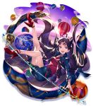  1girl absurdres aircraft bangs black_hair blue_jacket blue_skirt breasts cloud earrings essual_(layer_world) fate/grand_order fate_(series) high_heels highres hoop_earrings hot_air_balloon ishtar_(fate)_(all) ishtar_(fate/grand_order) jacket jewelry long_hair long_sleeves looking_at_viewer medium_breasts necklace open_mouth pencil_skirt red_eyes red_footwear red_shirt shirt skirt sky solo tiara two_side_up 