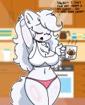  anthro beverage big_breasts blanca_(nicky_illust) blush breasts canid canine canis cleavage clothed clothing coffee cup dialogue domestic_dog english_text eyes_closed female fluffy fluffy_tail fur hair hi_res inside kitchen long_hair long_tail mammal morning nicky_illust nordic_sled_dog panties partially_clothed pink_clothing pink_panties pink_underwear samoyed skimpy solo spitz text underwear white_body white_fur white_hair 