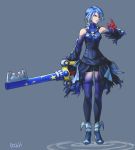  1girl anti-aqua aqua_(kingdom_hearts) black_legwear blue_hair covered_navel detached_sleeves keyblade kingdom_hearts kingdom_hearts_iii multicolored_hair ozkh silver_hair solo standing strap thighhighs two-tone_hair yellow_eyes 