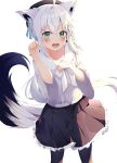  1girl :d absurdres ahoge animal_ears bangs black_headwear black_legwear blush braid eyebrows eyebrows_visible_through_hair fox_ears fox_tail green_eyes hat highres hololive keis_(locrian1357) long_hair looking_at_viewer open_mouth pantyhose shirakami_fubuki skirt sleeves smile tail teeth tongue virtual_youtuber white_hair 