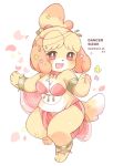  3_toes 5_fingers accessory animal_crossing barefoot blush canid canine canis clothed clothing collar dancer_outfit dancing domestic_dog female fingers fluffy fluffy_ears fluffy_hair hair hair_accessory isabelle_(animal_crossing) jewelry kemono mammal nintendo on_one_leg pawpads shih_tzu skimpy slightly_chubby smile smiling_at_viewer solo standing toes toy_dog video_games yokikana_yk 