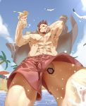  1boy abs alternate_costume arm_behind_head armpit_hair armpits bar_censor bara beach blue_eyes brown_hair censored chest chest_scar cup elec_bobo facial_hair fate/grand_order fate_(series) flaccid foreshortening foreskin from_below goatee highres holding holding_cup male_focus male_swimwear muscle napoleon_bonaparte_(fate/grand_order) navel navel_hair nipples outdoors penis penis_peek scar short_hair sideburns simple_background solo summer swim_trunks swimwear thick_thighs thighs 