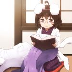  2girls :3 ahoge alternate_costume animal_ears bespectacled blush_stickers book bra_through_clothes brown_eyes brown_hair bunny_ears bunny_tail commentary_request cushion facing_away fusuma glasses hairband holding holding_book inaba_tewi indoors japanese_clothes kappougi kimono lap_pillow long_hair lying lying_on_person multiple_girls on_side open_book purple_hair purple_kimono reading reisen_udongein_inaba round_eyewear seiza shirosato shirt short_hair sitting sliding_doors tail touhou untucked_shirt very_long_hair white_shirt zabuton 