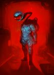 1other absurdres alien among_us astronaut facing_viewer full_body highres horror_(theme) impostor_(among_us) ladder long_neck red_theme snake_w solo space_helmet spacesuit spine standing 