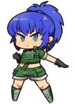  1girl blue_hair boots chibi earrings full_body gloves ibara. jewelry leona_heidern midriff ponytail solo the_king_of_fighters tsurime 