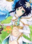  1boy bard blue_hair braid elbow_gloves feathered_wings feathers flower genshin_impact gloves gradient_hair green_eyes hair_flower hair_ornament highres hood looking_at_viewer lyre male_focus multicolored_hair navel otoko_no_ko rinse_7 slime smile solo twin_braids venti_(genshin_impact) wings 