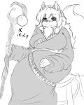  4:5 5_fingers :3 absurd_res anthro big_breasts black_nose breasts canid canine canis chest_tuft clothed clothing domestic_dog eyewear female fingers fluffy front_view fully_clothed fur glasses greyscale hair hi_res holding_object holding_staff huge_breasts humanoid_hands japanese_text kemono long_hair looking_at_viewer mammal mature_female monochrome monotone_body monotone_fur robe simple_background sitting smile solo staff text translated tuft white_background white_body white_fur white_hair yus-ts 