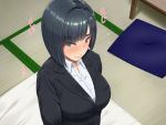  1girl bangs black_hair blunt_bangs blush cushion formal green_eyes indoors office_lady original shikuta_maru short_hair solo suit sweatdrop tatami upper_body 