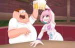  1boy 1girl :d ahoge alcohol arms_up bangs bar beer beer_mug blue_hair blurry blush bokeh bracelet breasts brick_wall brown_hair buttons collar collarbone collared_shirt commentary crossover cup depth_of_field english_commentary eyebrows_visible_through_hair family_guy fang froth glasses hair_between_eyes happy highres holding holding_cup hugeldude idolmaster idolmaster_cinderella_girls indoors jewelry looking_at_another medium_breasts mug multicolored_hair open_mouth peter_griffin pink_collar pink_eyes pink_hair print_shirt ring shirt short_hair short_sleeves sitting sleeves_pushed_up smile t-shirt toast_(gesture) two-tone_hair very_short_hair white_shirt wrist_cuffs yumemi_riamu 