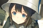  1girl black_hair blue_eyes blurry blurry_background blush braid closed_mouth depth_of_field helmet km_yama looking_down original portrait short_hair silver_crown_guardian_(km_yama) smile solo 