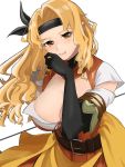  1girl alternate_costume belt belt_buckle blonde_hair blush breasts brigid_(fire_emblem) brown_eyes buckle cccx01 cleavage commission commissioner_upload dress elbow_gloves fire_emblem fire_emblem:_genealogy_of_the_holy_war fire_emblem_heroes gloves headband highres large_breasts long_hair open_mouth simple_background solo solo_focus wavy_hair white_background 