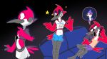  16:9 2020 anthro avian bird blue_jay bottomwear bra cardinal_(bird) cartoon_network cchilab clothing corvid feathers female furniture hi_res jay_(bird) male margaret_smith_(regular_show) midriff mordecai_(regular_show) new_world_jay one_eye_closed oscine passerine phone red_body red_feathers regular_show shirt shorts sofa tank_top topwear underwear widescreen wink 