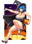  1girl blue_hair breasts candy cleavage english_commentary erkaz floating food halloween hat highres large_breasts looking_at_viewer open_hand open_mouth original rina_atherina short_hair solo witch_costume witch_hat 