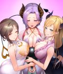  3girls aqua_eyes asmr bangs blonde_hair blush breasts brown_hair china_dress chinese_clothes cleavage collarbone demon_girl demon_horns demon_tail demon_wings dress hair_ornament highres hololive honey_strap horns hoshara large_breasts long_hair long_sleeves looking_at_viewer mole mole_under_mouth multiple_girls nijisanji open_mouth orange_eyes pointy_ears purple_eyes purple_hair saionji_mary sexually_suggestive shirayuki_tomoe skirt smile tail virtual_youtuber wings yuzuki_choco 