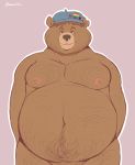  absurd_res anthro belly belly_hair beret body_hair brownieclop clothing facial_hair hat headgear headwear hi_res male mammal nipples overweight overweight_anthro overweight_male pins rainbow_flag rainbow_symbol simple_background solo ursid 