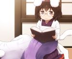  2girls animal_ears book brown_eyes brown_hair bunny_ears bunnygirl cat_smile cropped glasses headband inaba_tewi japanese_clothes kimono long_hair purple_hair reisen_udongein_inaba shirosato shirt short_hair sleeping tail touhou 