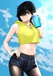  1girl absurdres black_hair black_legwear crop_top cup day denim denim_shorts hand_on_hip highres holding holding_cup huge_filesize medium_hair mole mole_above_eye mole_under_mouth navel original outdoors pantyhose rain_prophet short_shorts shorts sleeveless solo standing 