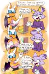  2:3 absurd_res anthro big_breasts blaze_the_cat blush bodily_fluids breasts chiropteran clothed clothing comic dialogue domestic_cat duo english_text felid feline felis female female/female fur gold_(metal) gold_jewelry hi_res jewelry mammal money purple_body purple_fur rouge_the_bat sonic_the_hedgehog_(series) sweat text tinydevilhorns 
