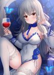 1girl absurdres ame_sagari azur_lane bare_shoulders blue_choker breasts bridal_gauntlets bug butterfly choker cleavage covered_navel cup dress drinking_glass grey_hair highres holding holding_cup insect knee_up lace_trim large_breasts long_hair looking_at_viewer mole mole_under_eye pelvic_curtain red_eyes saint-louis_(azur_lane) saint-louis_(brilliant_paladin)_(azur_lane) sleeveless sleeveless_dress smile solo thighhighs thighs white_dress white_legwear wine_glass 