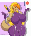  anthro breasts canid canine canis domestic_dog female fishnet fishnet_armwear fullbody_suit hair hi_res katana long_hair looking_at_viewer mammal mastergodai melee_weapon ninja one_eye_closed smile smiling_at_viewer solo sword warrior weapon wink yuriko 