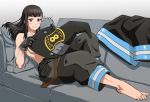  1girl baggy_pants barefoot baron_(varon666) black_gloves black_hair black_pants breasts couch en&#039;en_no_shouboutai feet gloves half-closed_eyes hat long_hair looking_at_viewer lying maki_oze on_couch pants pillow purple_eyes smile solo toes topless witch_hat 
