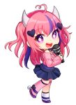 1girl black_skirt chibi commission holding holding_microphone horns indie_virtual_youtuber ironmouse microphone open_mouth pink_hair pokey purple_eyes skirt solo two_side_up virtual_youtuber watermark white_background 