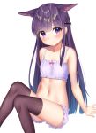  1girl animal_ear_fluff animal_ears bangs bare_arms bare_shoulders blush bow bow_bra bra brown_legwear closed_mouth collarbone eyebrows_visible_through_hair feet_out_of_frame highres k_mugura kasumi_(princess_connect!) knees_up looking_at_viewer navel panties princess_connect! princess_connect!_re:dive purple_bra purple_eyes purple_hair purple_panties simple_background smile solo thighhighs underwear underwear_only white_background 