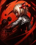  1girl blonde_hair blood blood_on_face bloody_clothes bloody_hair bloody_hands bow claws frills hair_bow highres looking_at_viewer red_eyes rumia short_hair solo spark621 teeth touhou 